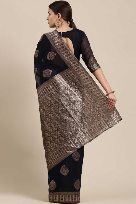 Blended Linen Bagh Saree In Navy Blue