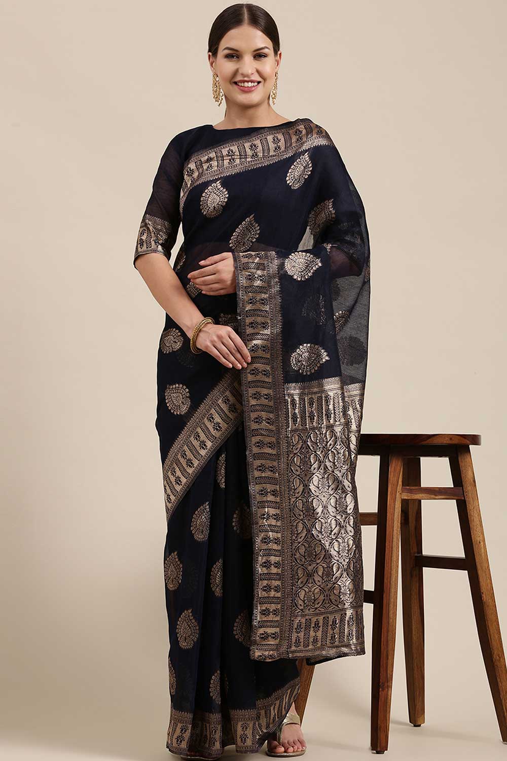 Blended Linen Bagh Saree In Navy Blue