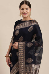 Blended Linen Bagh Saree In Navy Blue