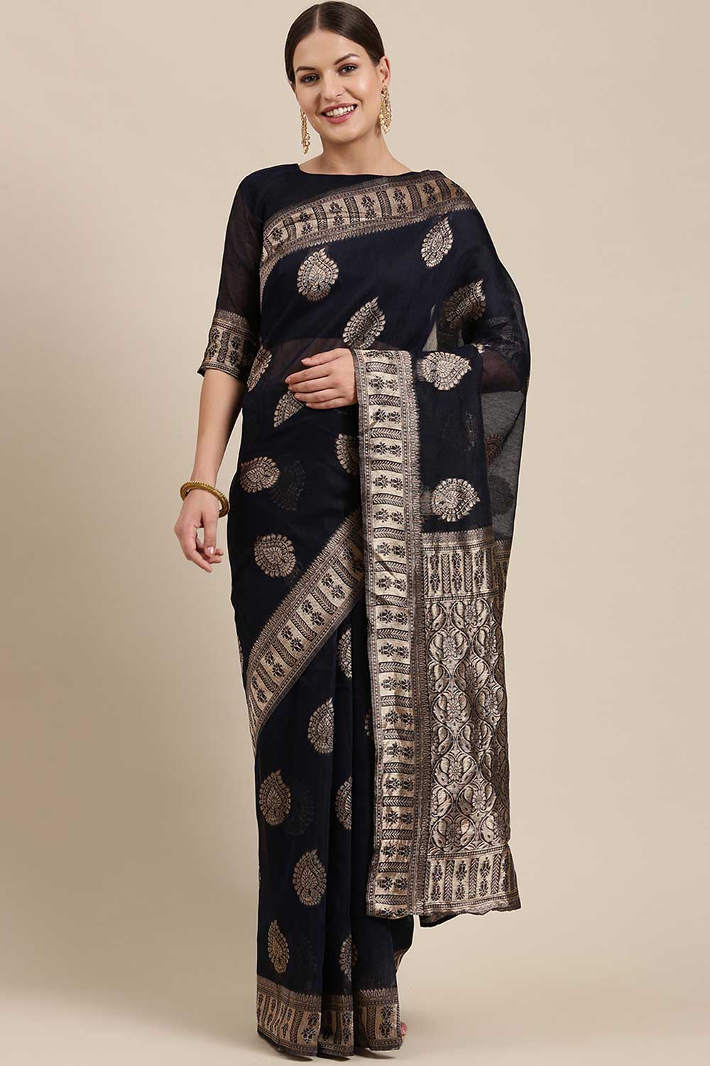 Blended Linen Bagh Saree In Navy Blue