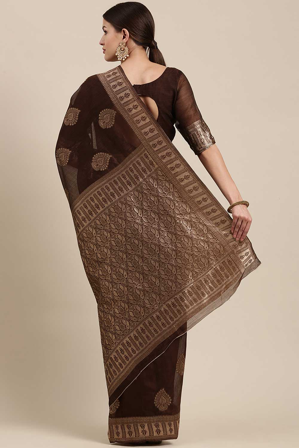 Blended Linen Bagh Saree In Brown