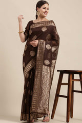 Blended Linen Bagh Saree In Brown