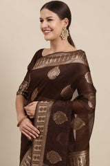 Blended Linen Bagh Saree In Brown