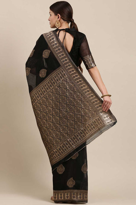 Blended Linen Bagh Saree In Black