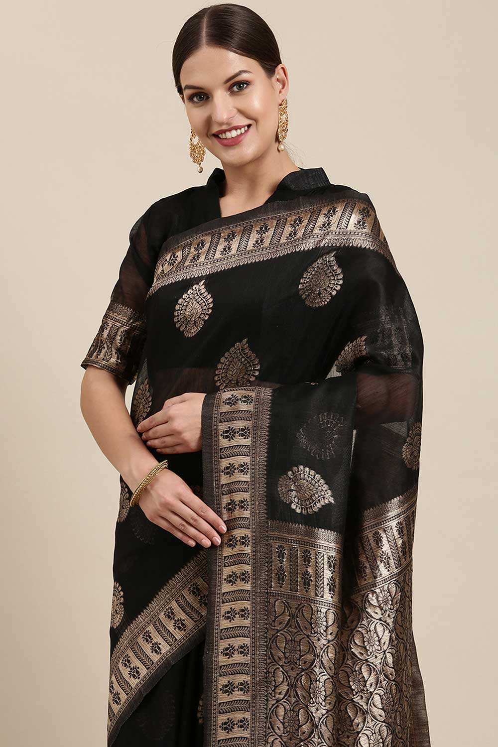 Blended Linen Bagh Saree In Black