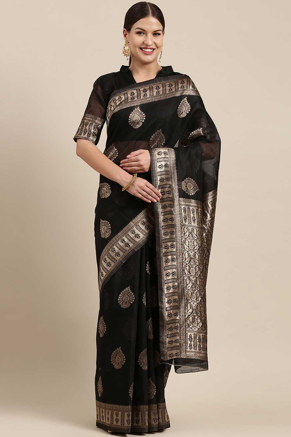 Blended Linen Bagh Saree In Black