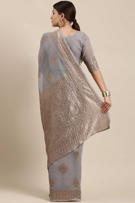 Blended Linen Bagh Saree In Grey