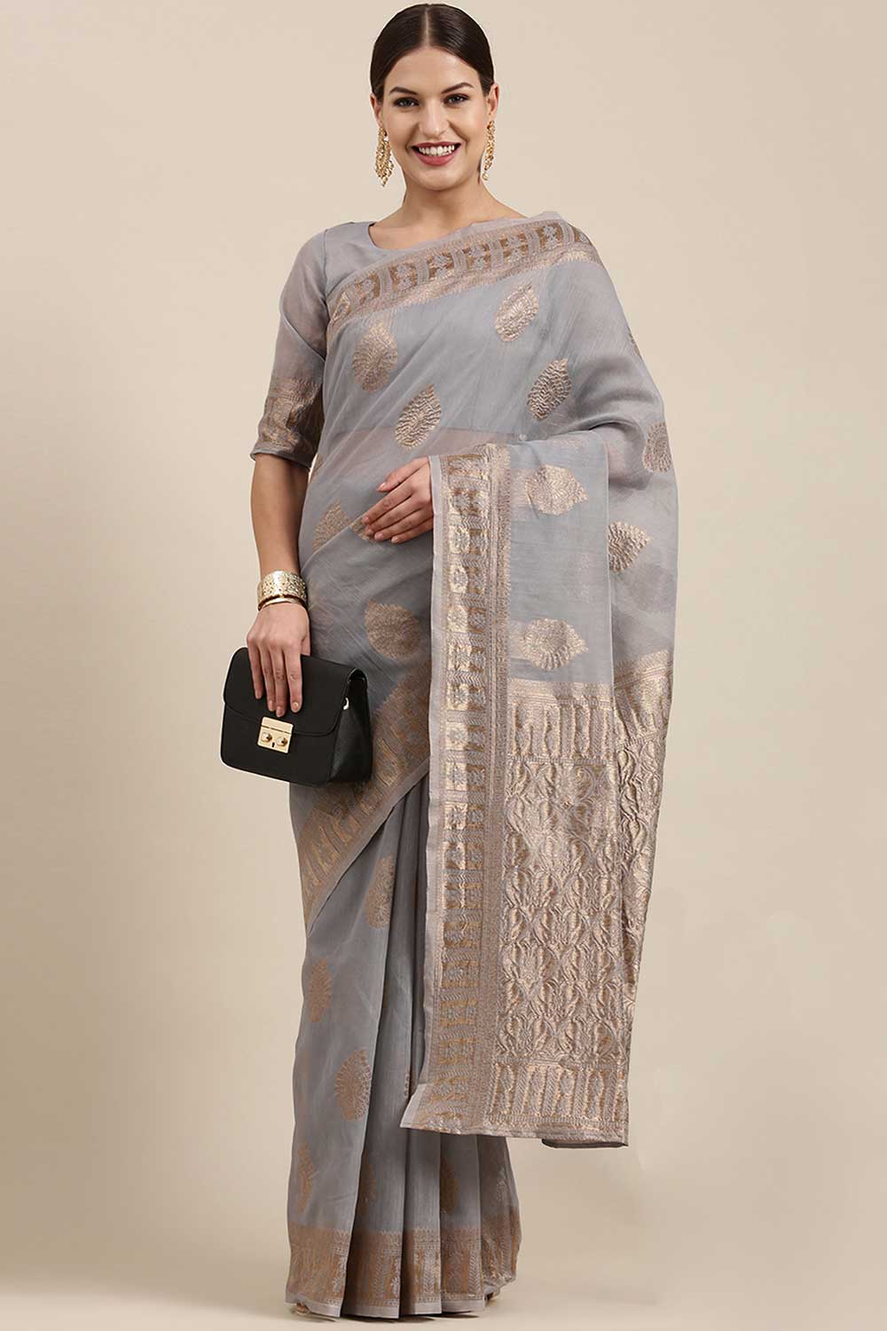 Blended Linen Bagh Saree In Grey