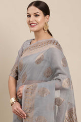 Blended Linen Bagh Saree In Grey