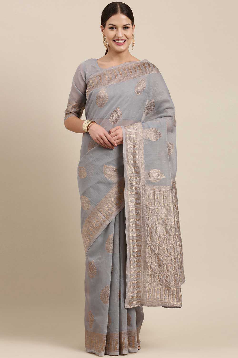 Blended Linen Bagh Saree In Grey