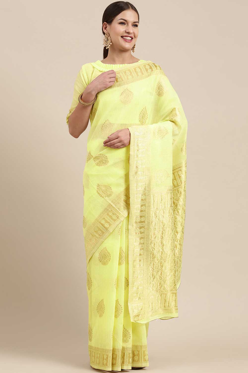 Blended Linen Bagh Saree In Lemon Yellow