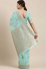 Blended Linen Bagh Saree In Sea Green