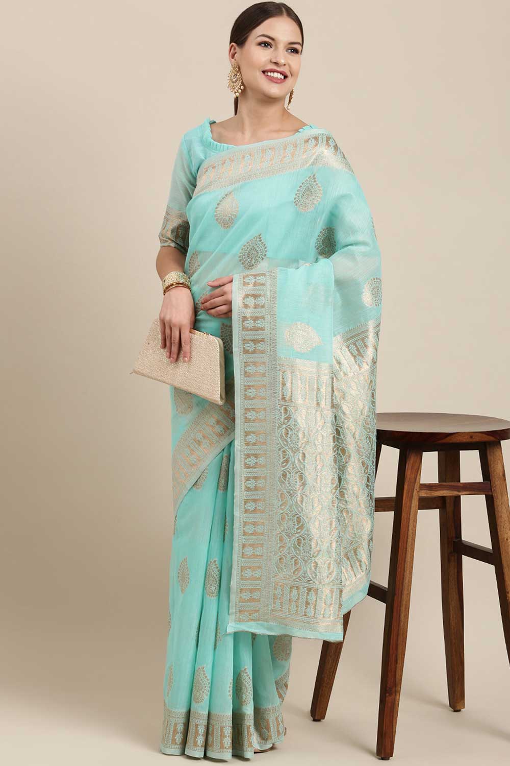 Blended Linen Bagh Saree In Sea Green