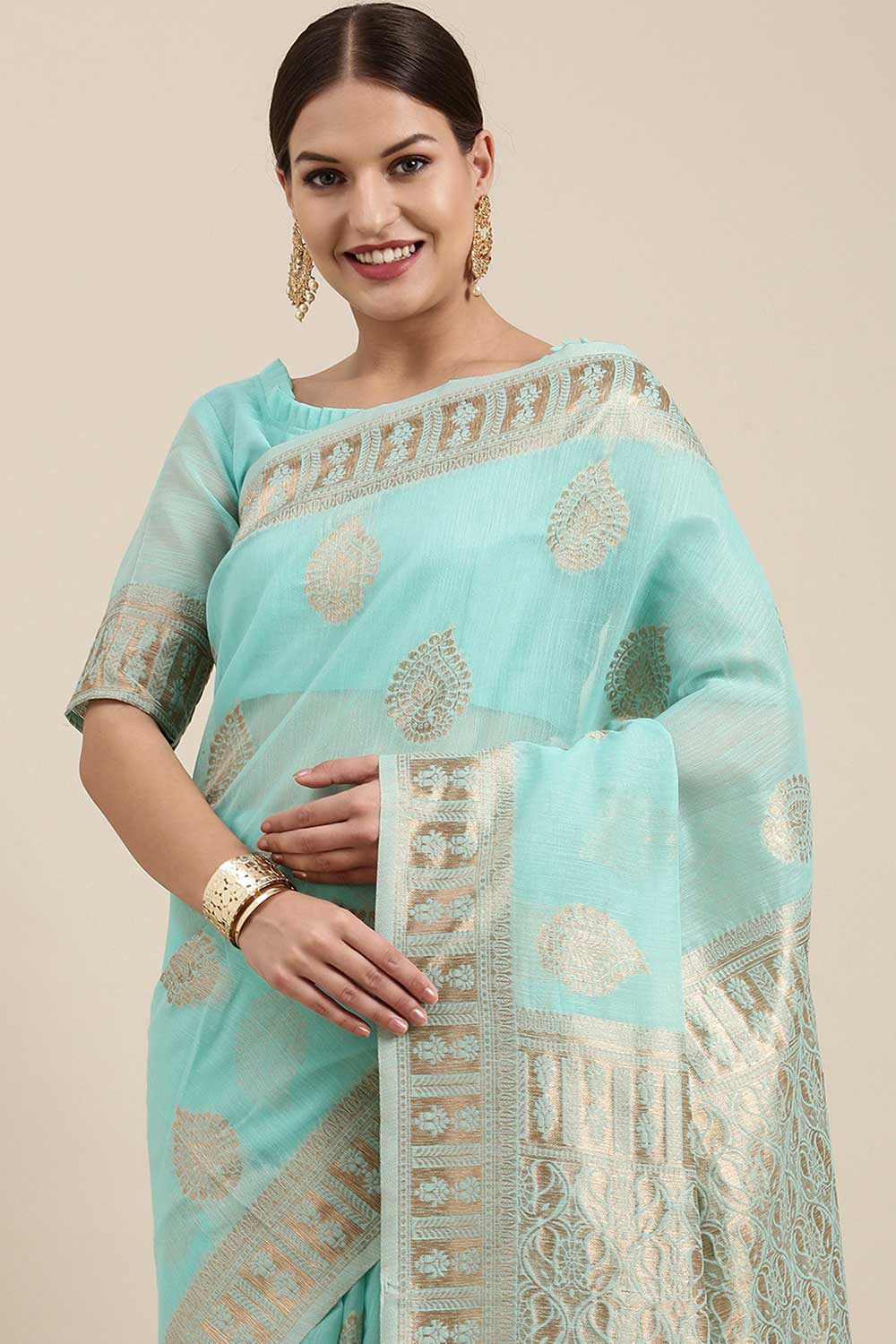 Blended Linen Bagh Saree In Sea Green