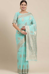 Blended Linen Bagh Saree In Sea Green