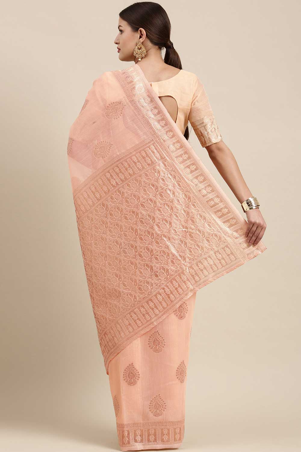 Blended Linen Bagh Saree In Peach