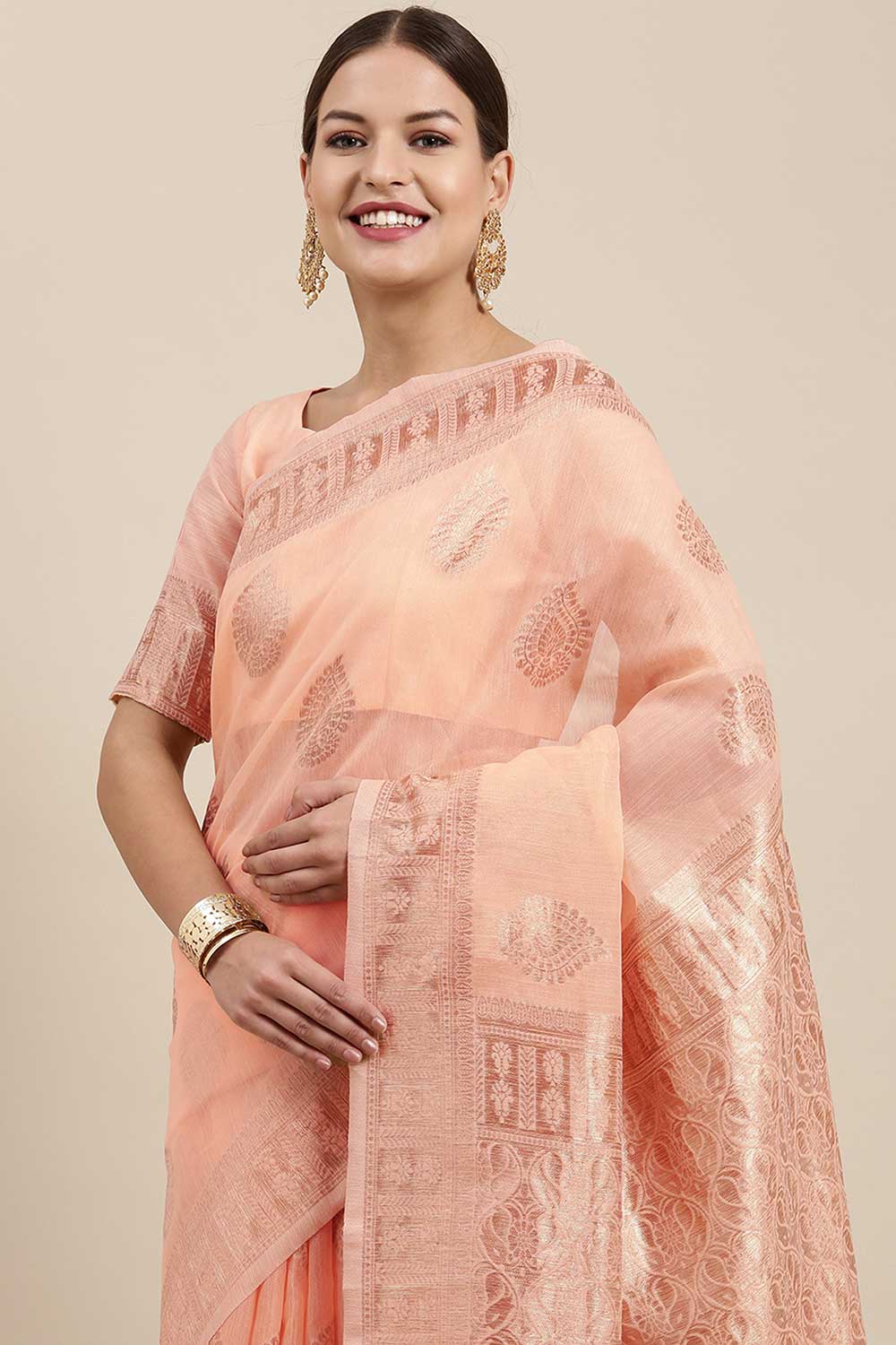 Blended Linen Bagh Saree In Peach