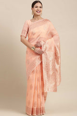 Blended Linen Bagh Saree In Peach