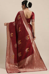 Linen Floral Woven Saree In Maroon