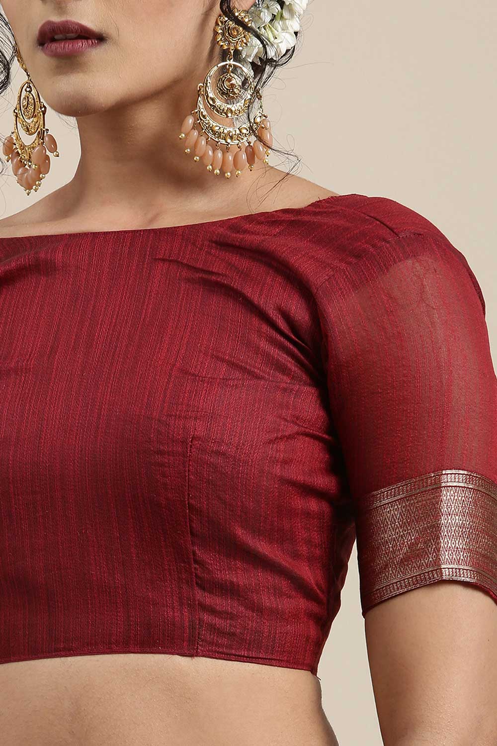 Linen Floral Woven Saree In Maroon