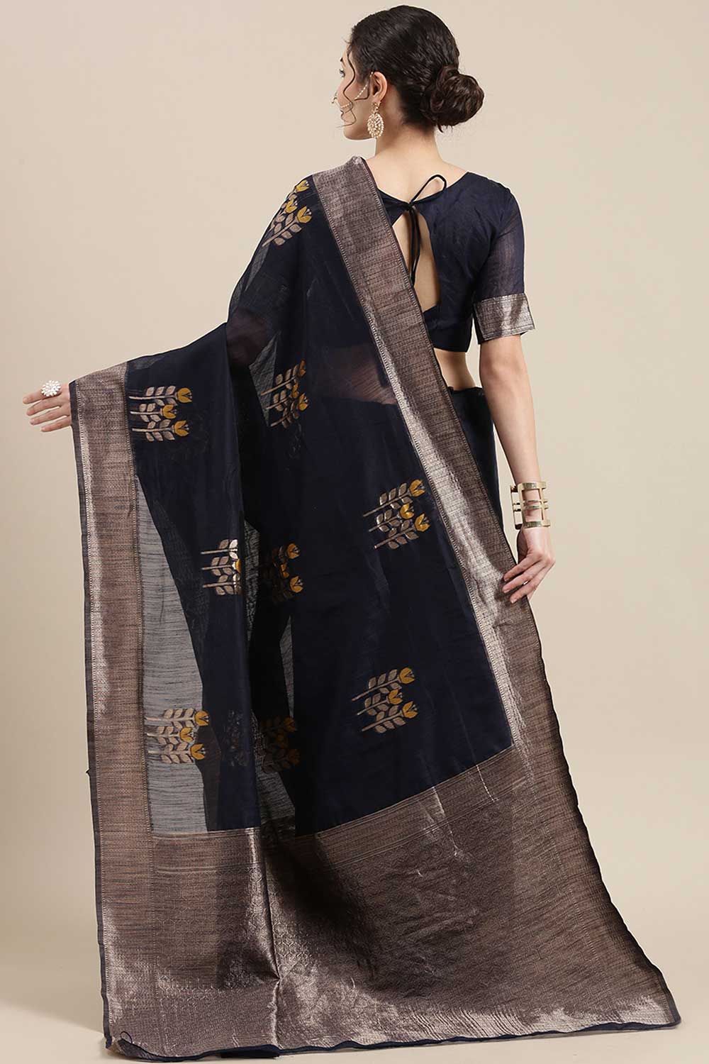 Linen Floral Woven Saree In Navy Blue