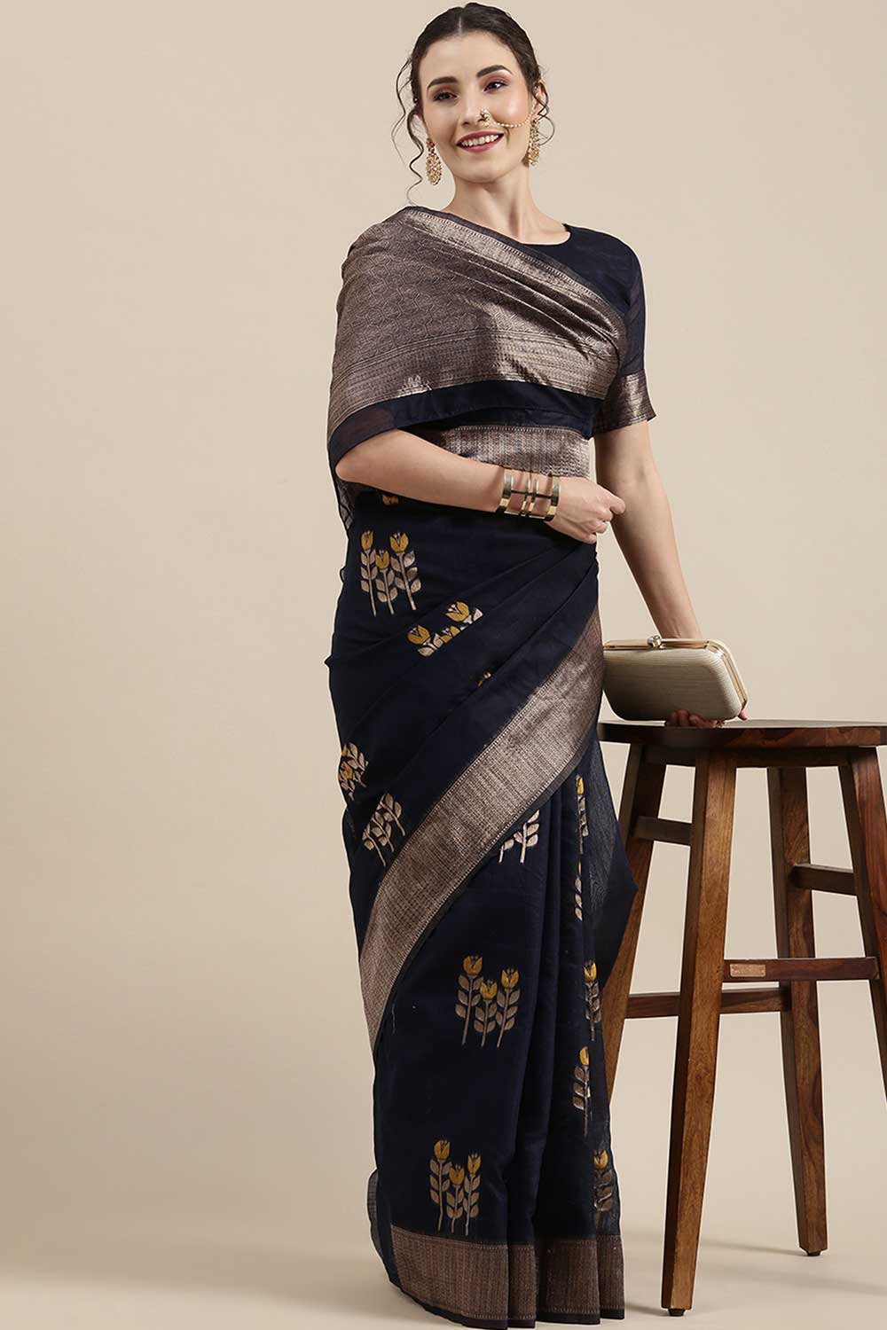 Linen Floral Woven Saree In Navy Blue