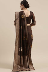 Linen Floral Woven Saree In Brown