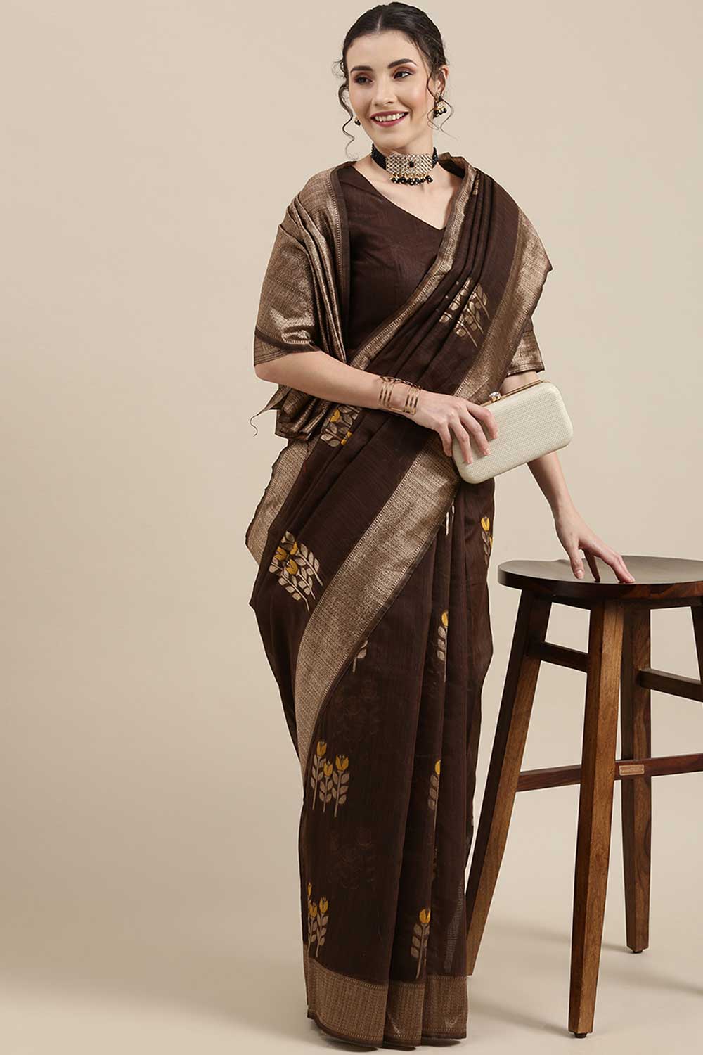 Linen Floral Woven Saree In Brown