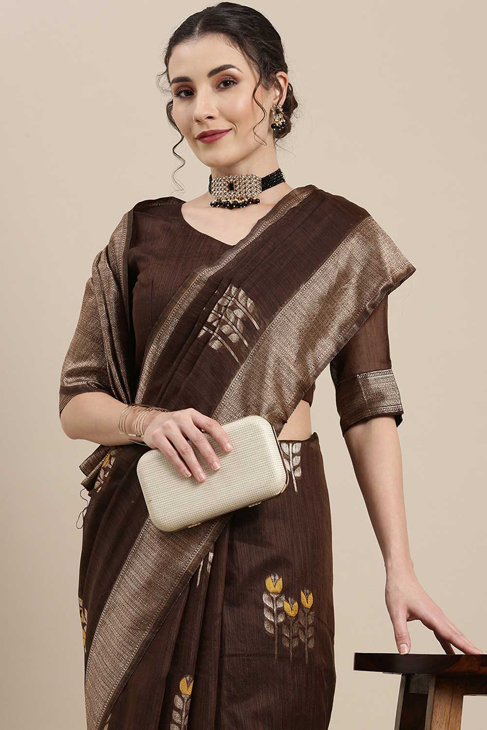 Linen Floral Woven Saree In Brown