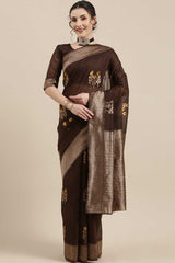 Linen Floral Woven Saree In Brown