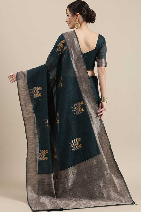 Linen Floral Woven Saree In Teal Green