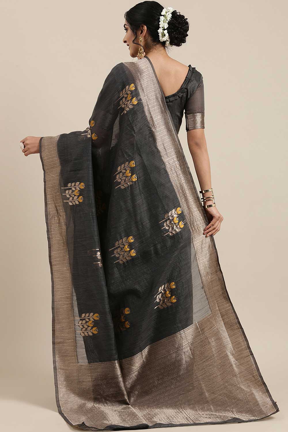 Linen Floral Woven Saree In Grey