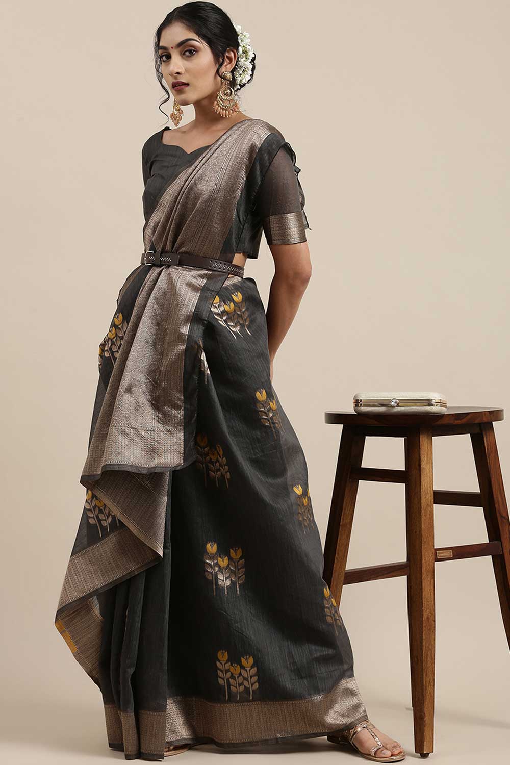 Linen Floral Woven Saree In Grey