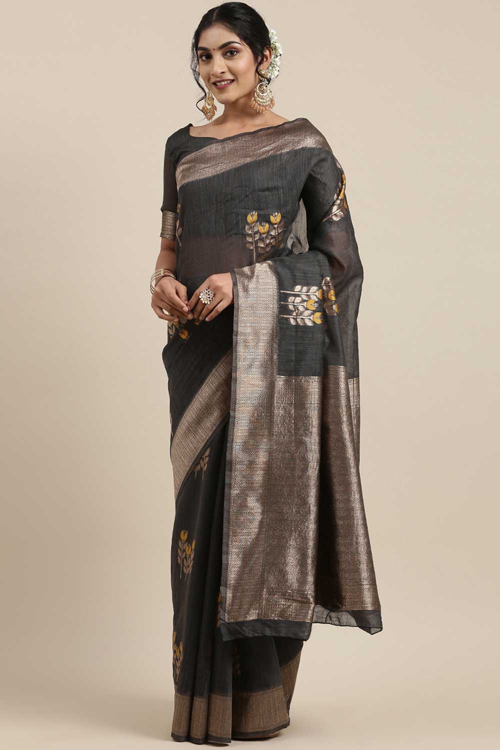 Linen Floral Woven Saree In Grey