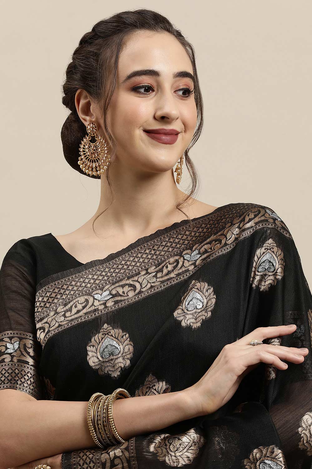 Buy Linen Zari Woven Saree in Black Online - Front