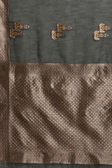 Buy Linen Zari Woven Saree in Black Online - Side