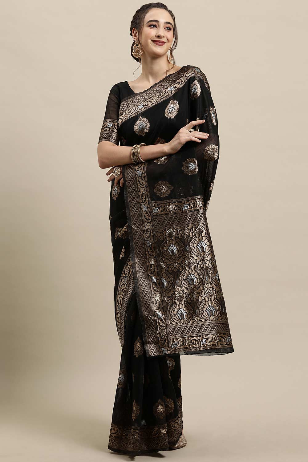 Buy Linen Zari Woven Saree in Black Online