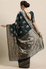 Buy Linen Zari Woven Saree in Teal Blue Online - Back