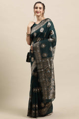 Buy Linen Zari Woven Saree in Teal Blue Online - Zoom In