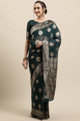 Buy Linen Zari Woven Saree in Teal Blue Online