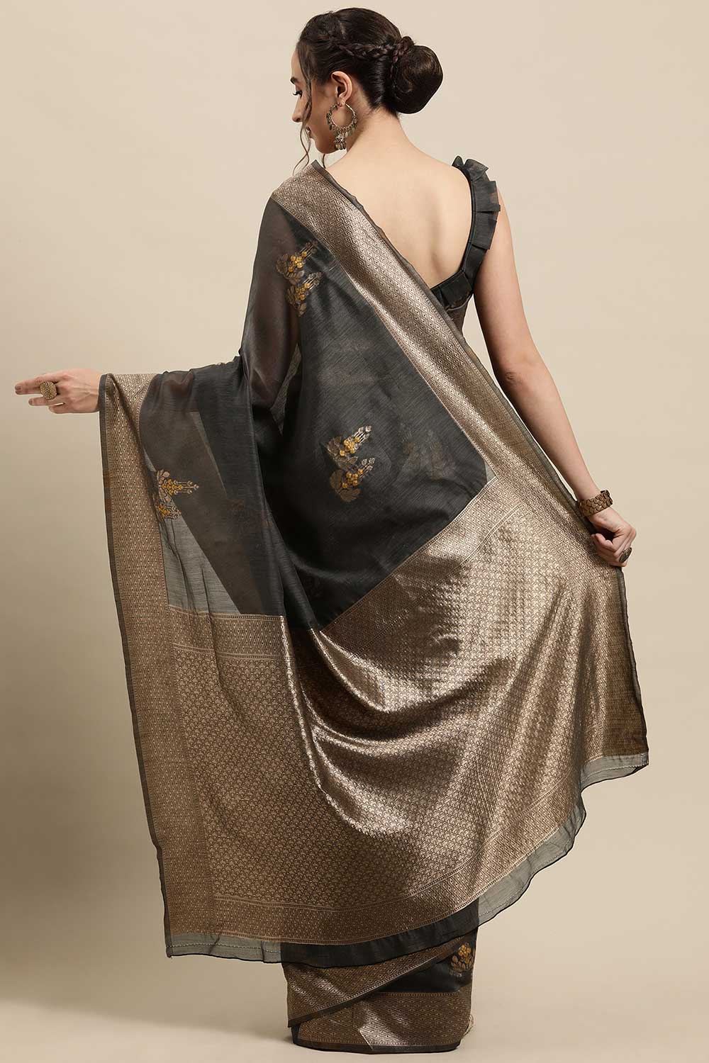 Linen Floral Woven Saree In Grey