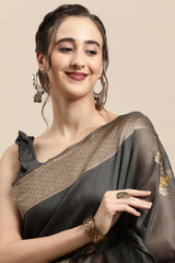 Linen Floral Woven Saree In Grey