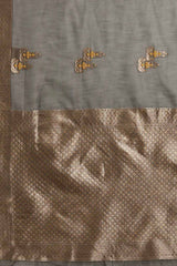 Linen Floral Woven Saree In Grey