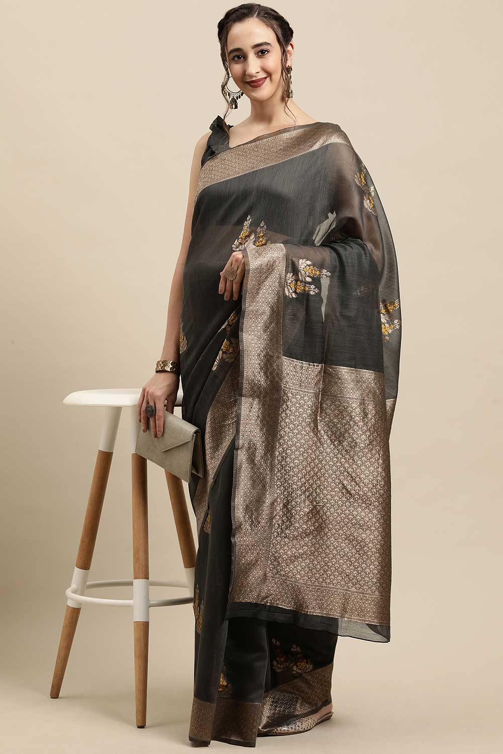 Linen Floral Woven Saree In Grey