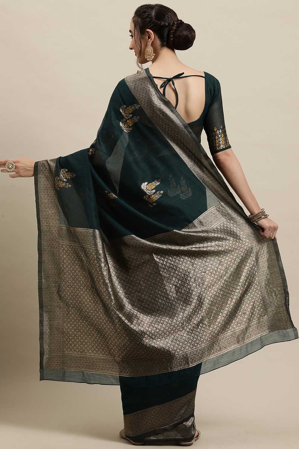 Linen Floral Woven Saree In Teal Blue