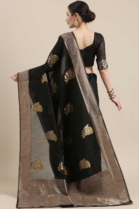 Linen Floral Woven Saree In Black