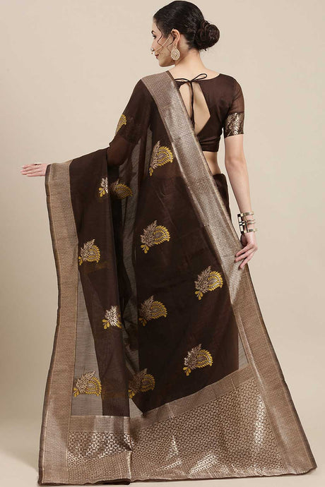 Linen Floral Woven Saree In Brown