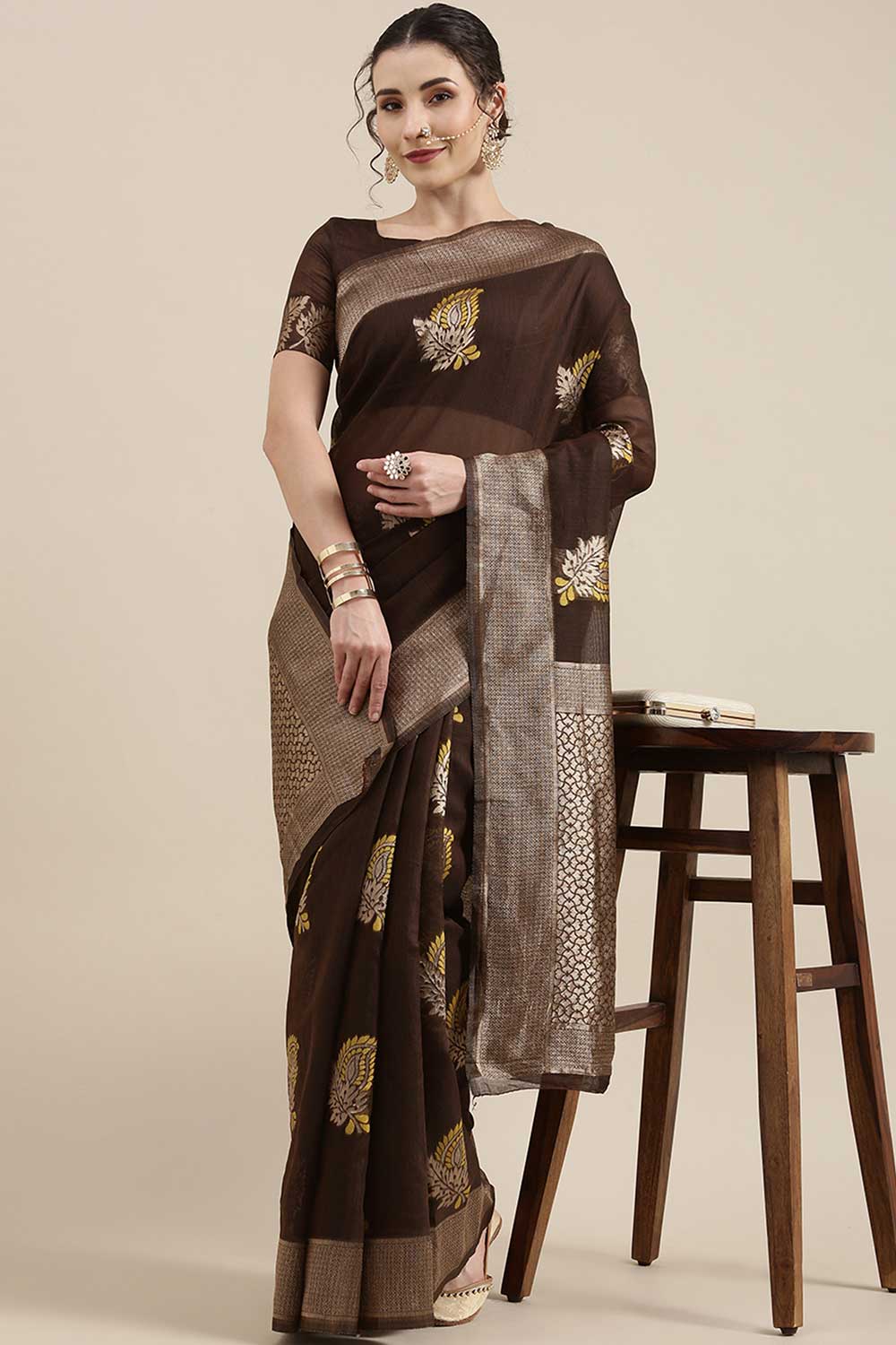 Linen Floral Woven Saree In Brown