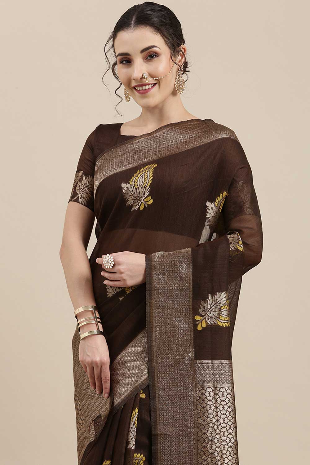 Linen Floral Woven Saree In Brown