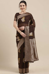 Linen Floral Woven Saree In Brown